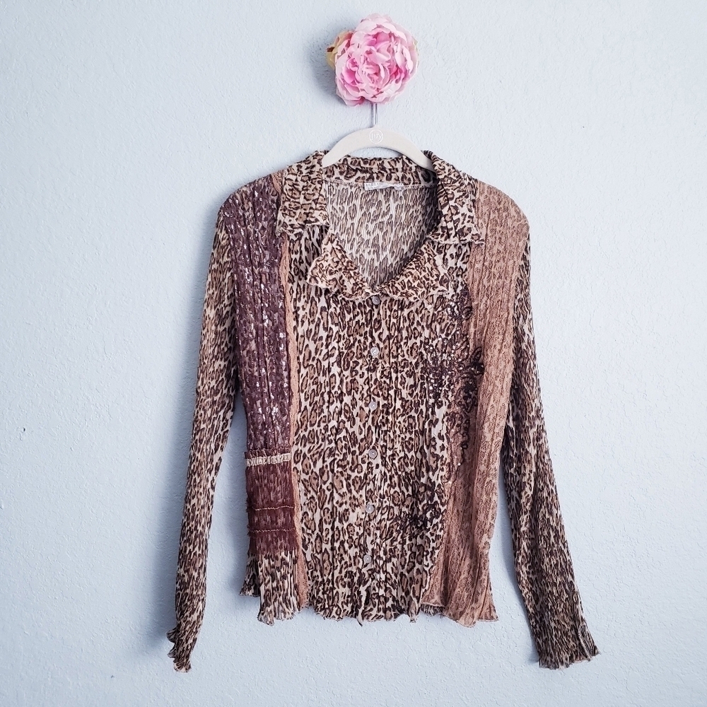 Alberto Makali Plisse Leopard Print Buttondown Lace Embroidered Blouse